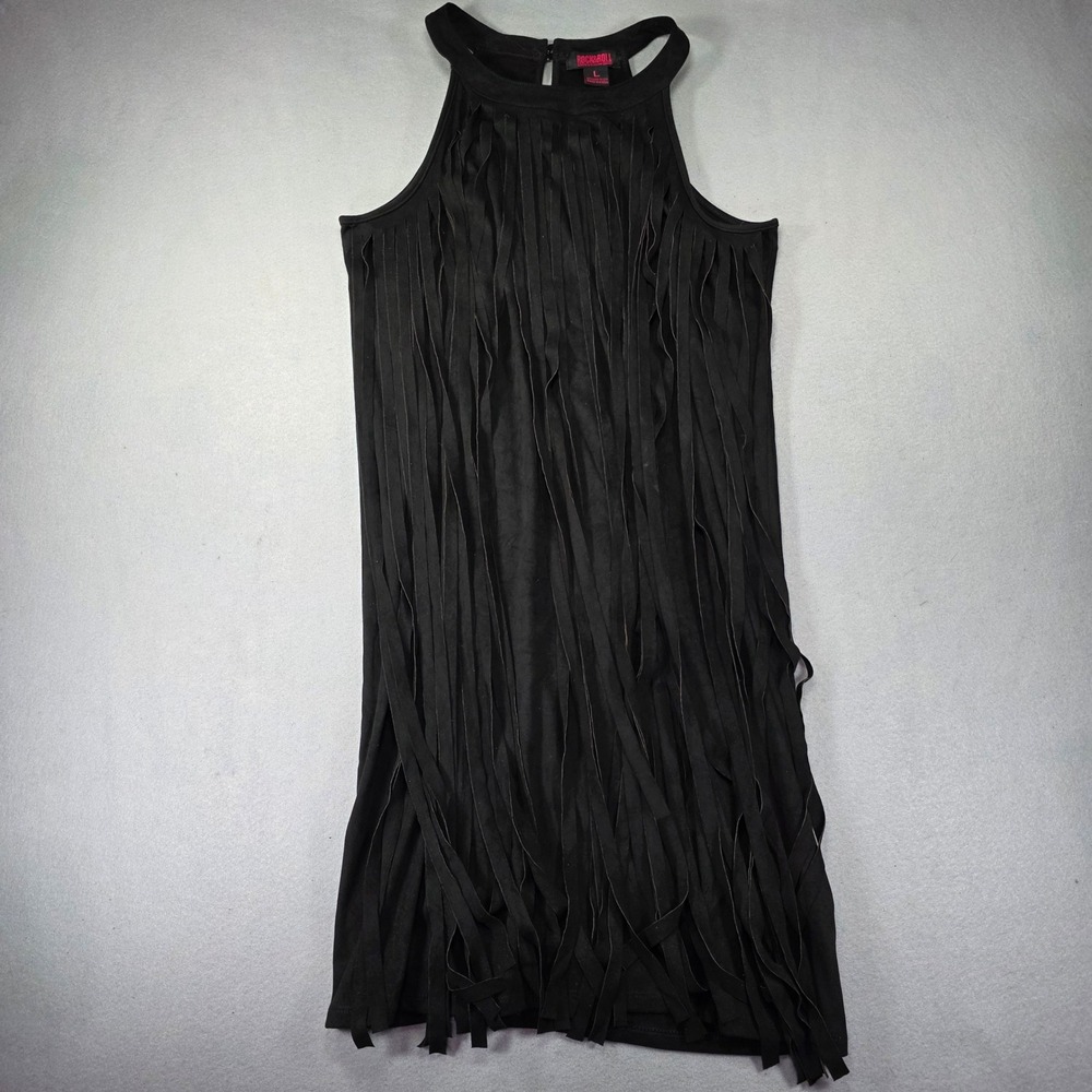 Rock & Roll Denim Womens Black Faux Suede Fringe Halter Mini Shift Dress Large